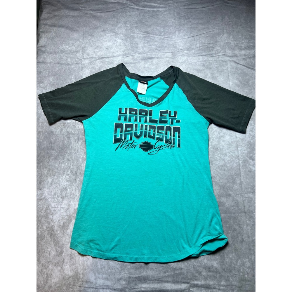 Harley Davidson Raglan T-Shirt Womens L Teal Grey Arrowhead Peoria AZ V-Neck